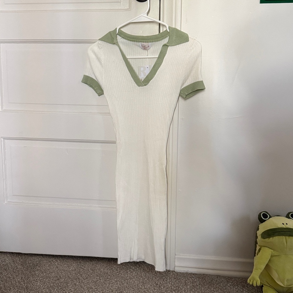 Cream V-Neck Ribbed Midi Dress with Sage Green Trim